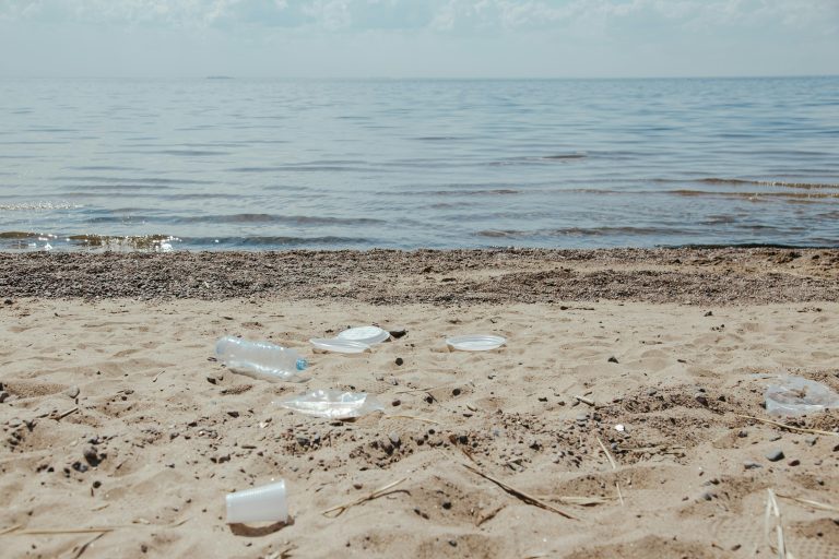 Plasticvervuiling op een strand met aangespoeld afval